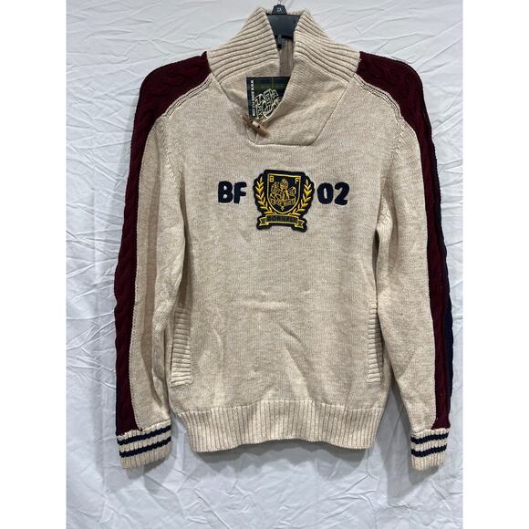 Born Fly Sweater Embroidered Modern Cowl Mockneck Mens Small Oatmeal Heather Mar - Picture 1 of 12